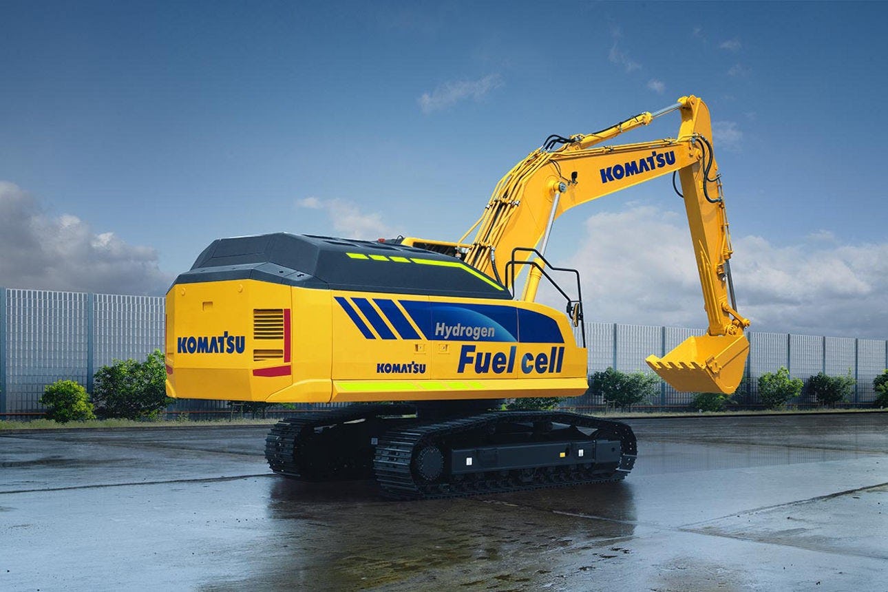 Komatsu zoekt naar alternatieven voor dieselmotoren, zoals met deze concept-machine op waterstof. Foto: Komatsu.
