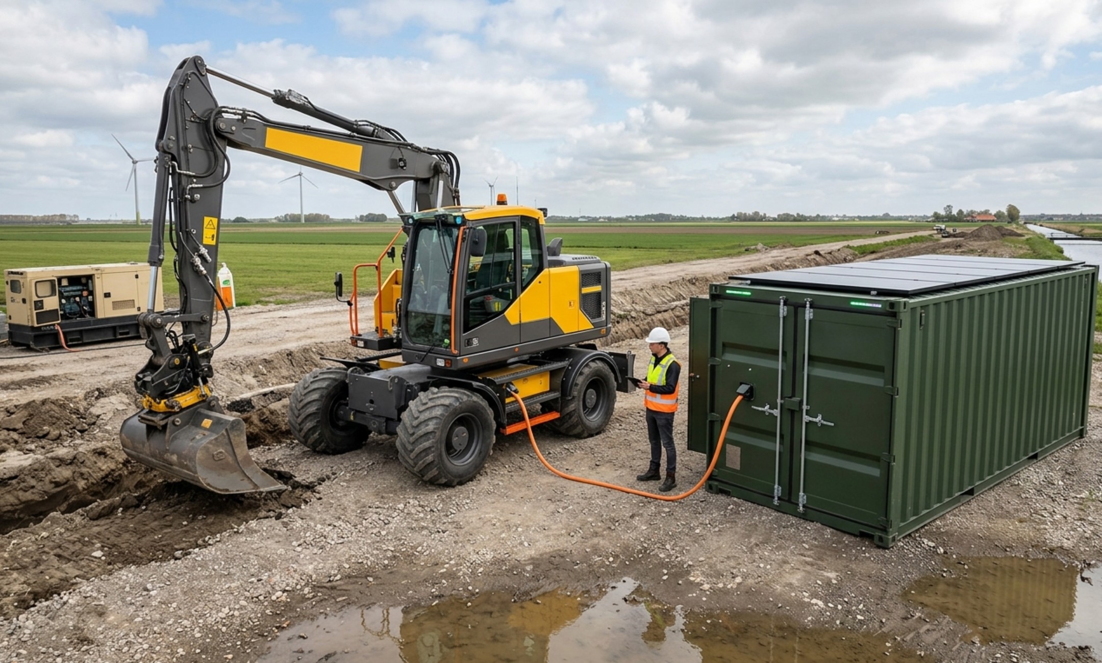 De TCO van elektrisch materieel stopt niet bij de machine: de kosten voor energielogistiek en mobiele opslag zijn doorslaggevend voor het projectrendement. 
Afbeelding gemaakt met AI.
