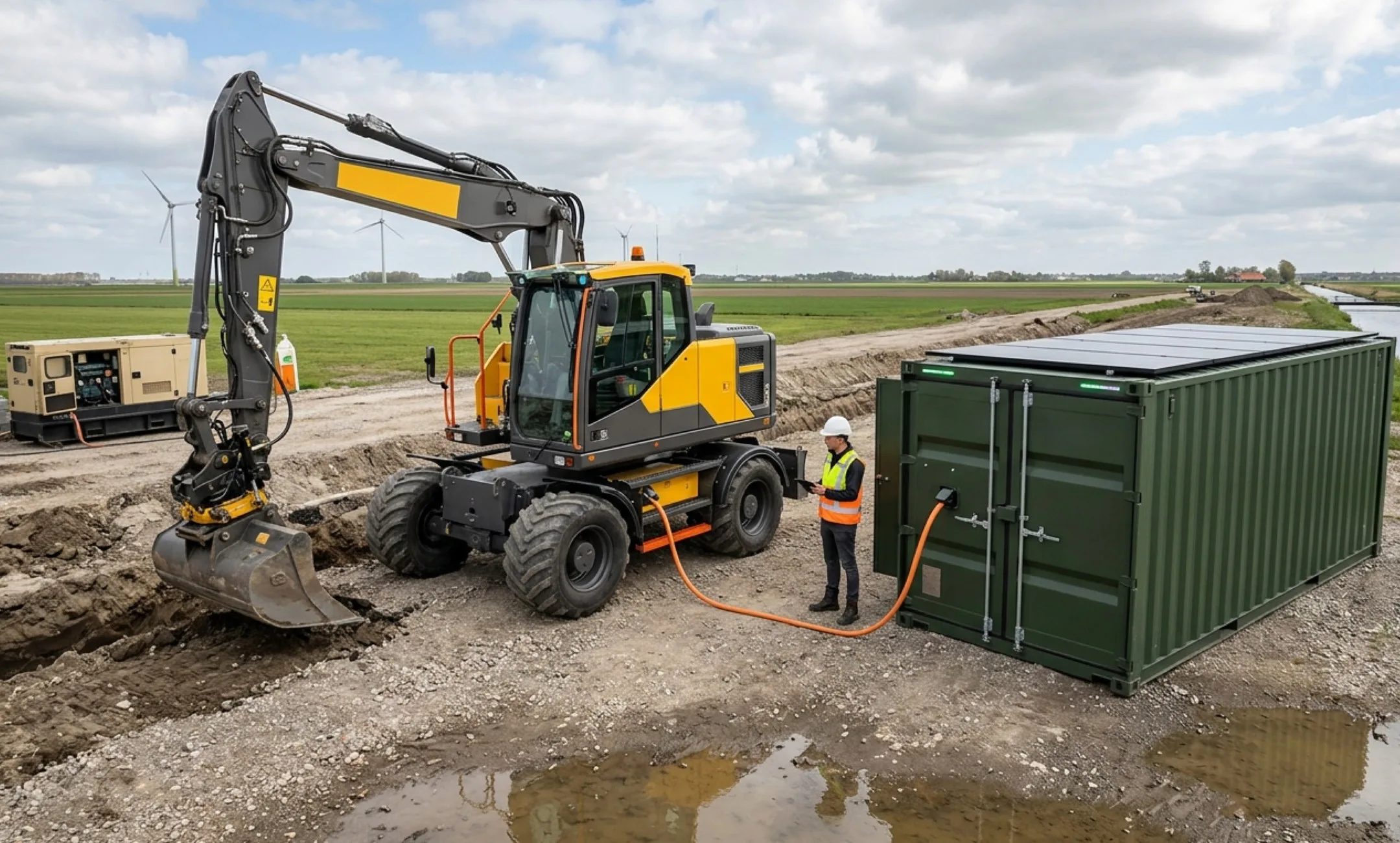 De TCO van elektrisch materieel stopt niet bij de machine: de kosten voor energielogistiek en mobiele opslag zijn doorslaggevend voor het projectrendement.
Afbeelding gemaakt met AI.