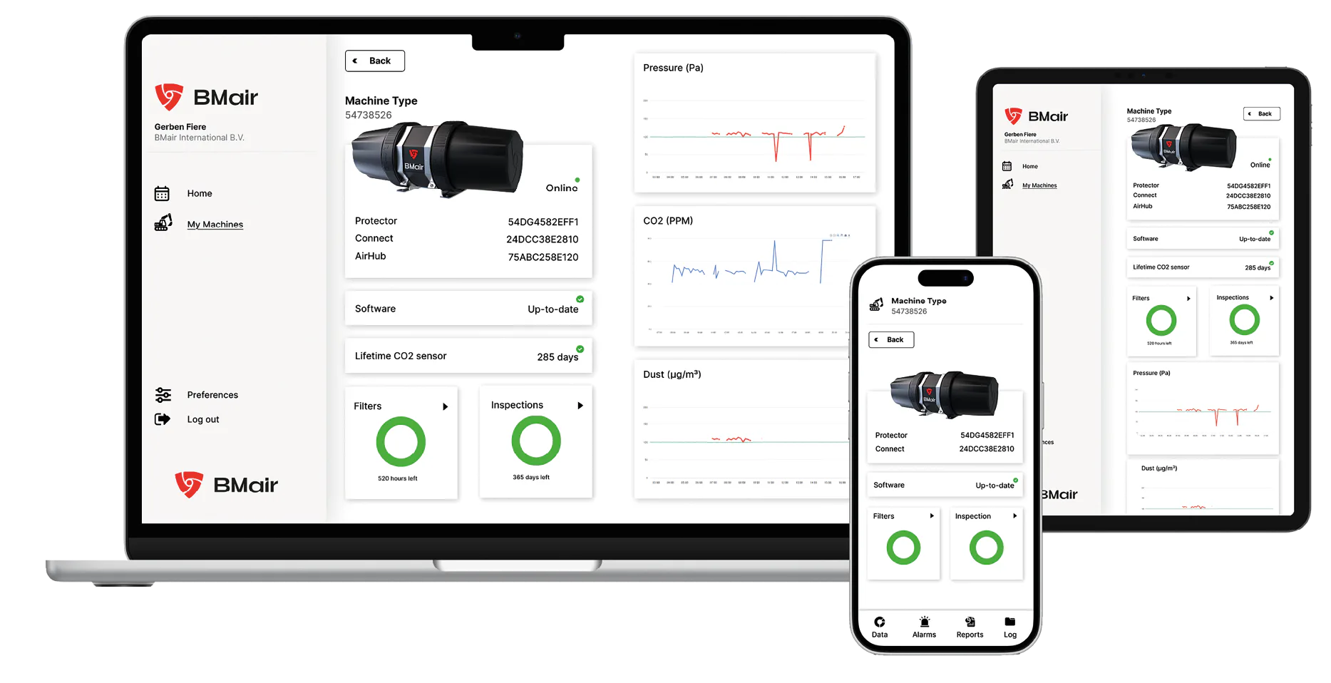 In het BMair Connect portaal wordt de status van het filteroverdruksysteem automatisch weergegeven en gemonitord. Geen administratieve rompslomp, geen losse certificaten en geen handmatige resets maar volledig geautomatiseerd beheer van het systeem. 